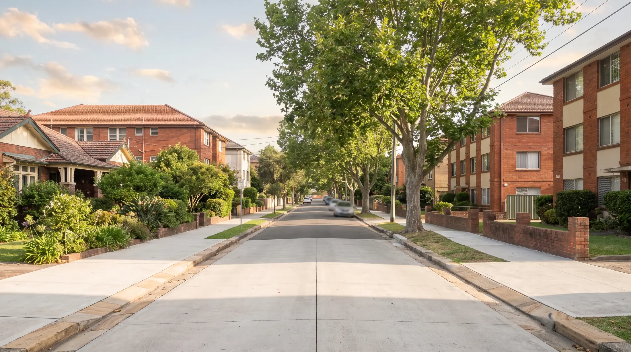 Brick apartments and houses in Kensington’s residential neighbourhood, illustrative residential scene