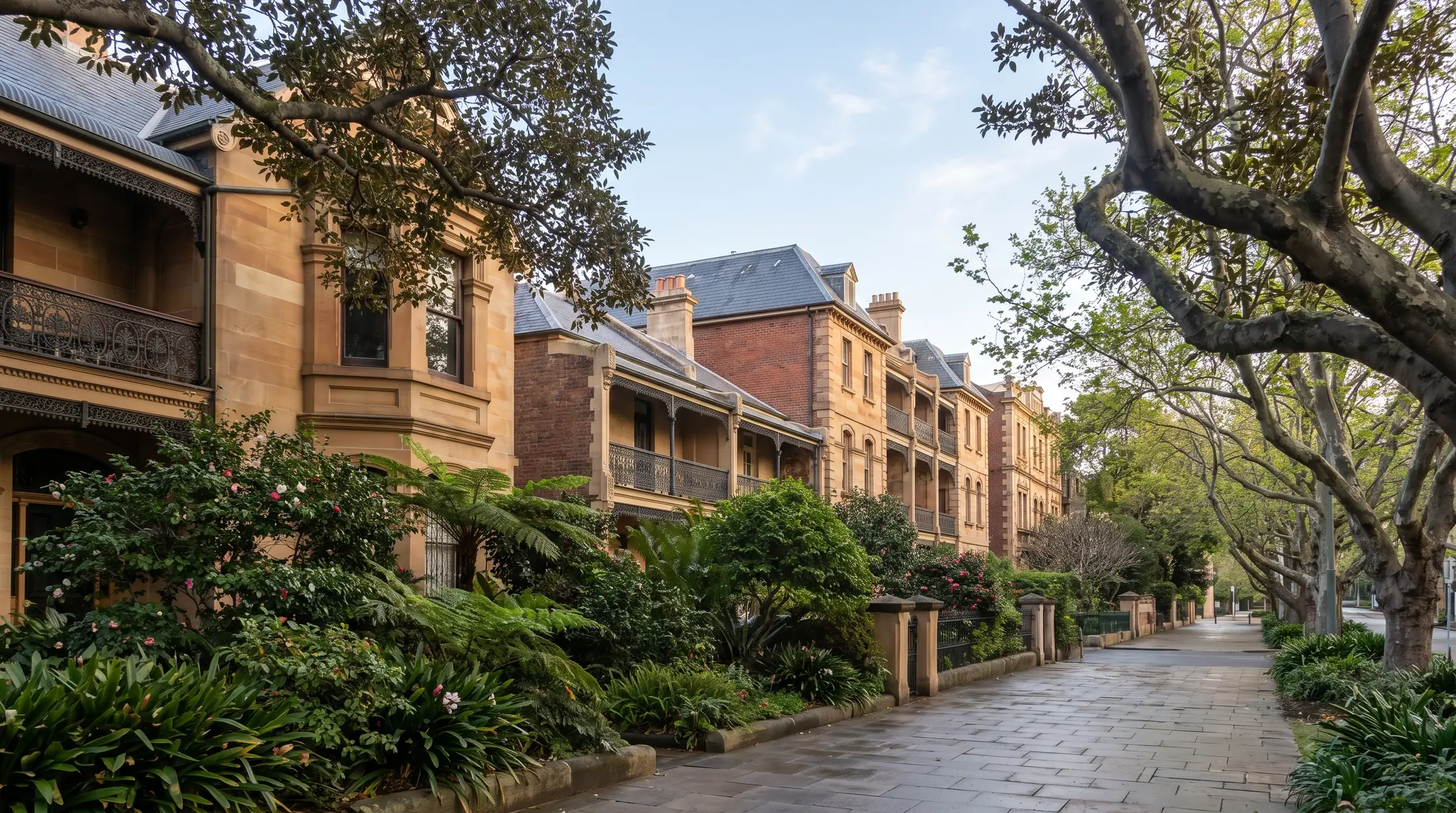 Older residential buildings and mature garden trees in the Kings Cross locality, illustrative residential scene
