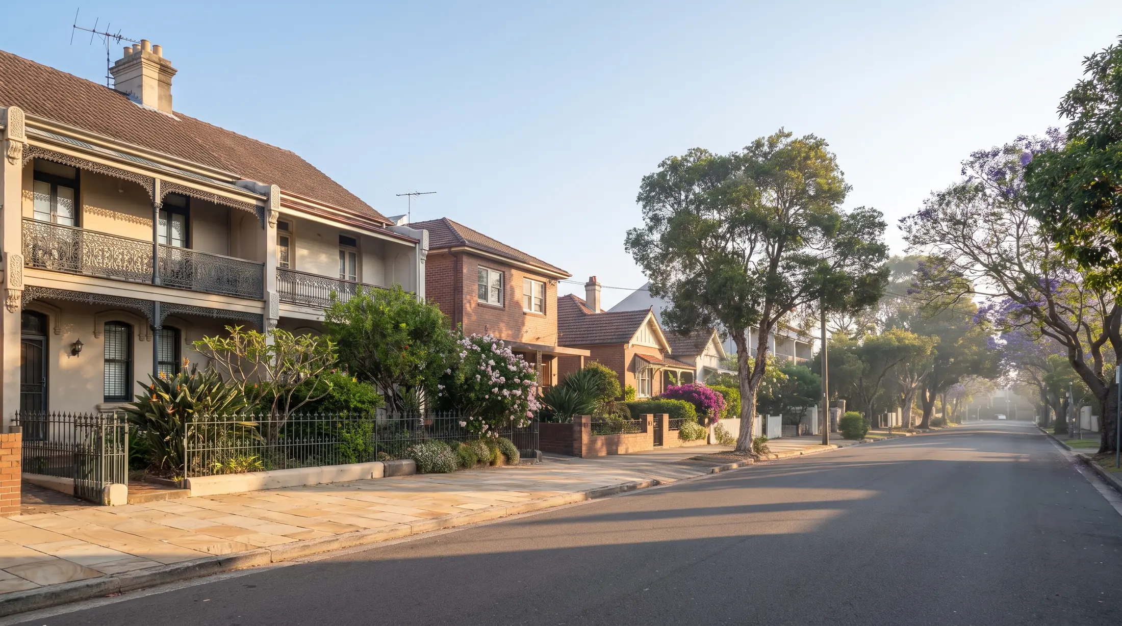 Terraces and brick houses with small gardens on a leafy Leichhardt side street, illustrative residential scene