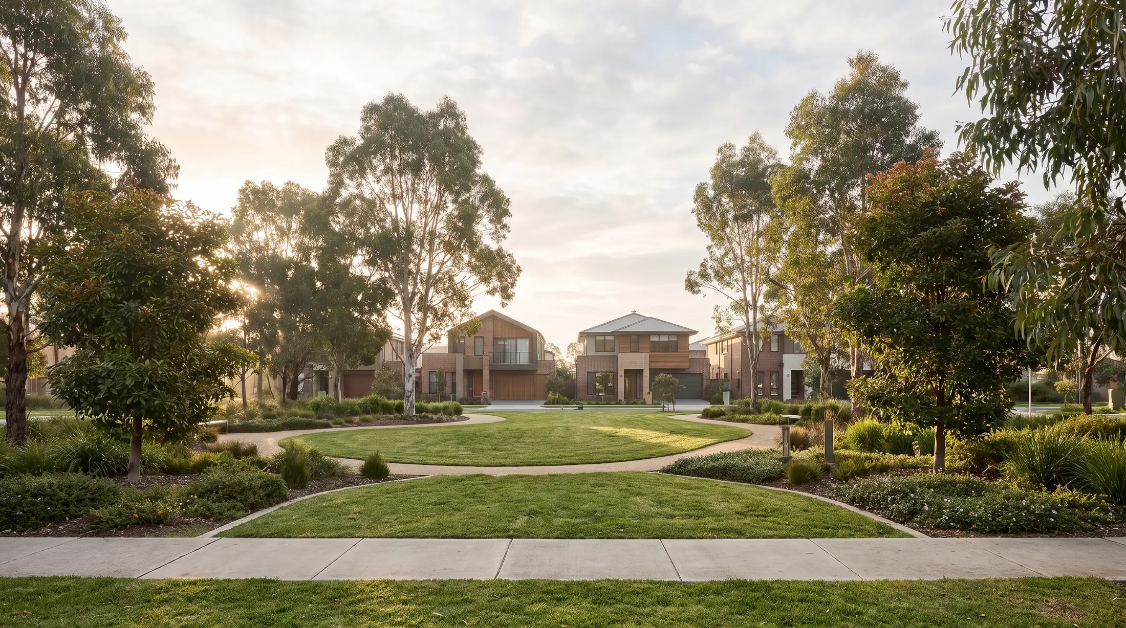 Modern Liberty Grove homes beside landscaped green space and planted paths, illustrative residential scene
