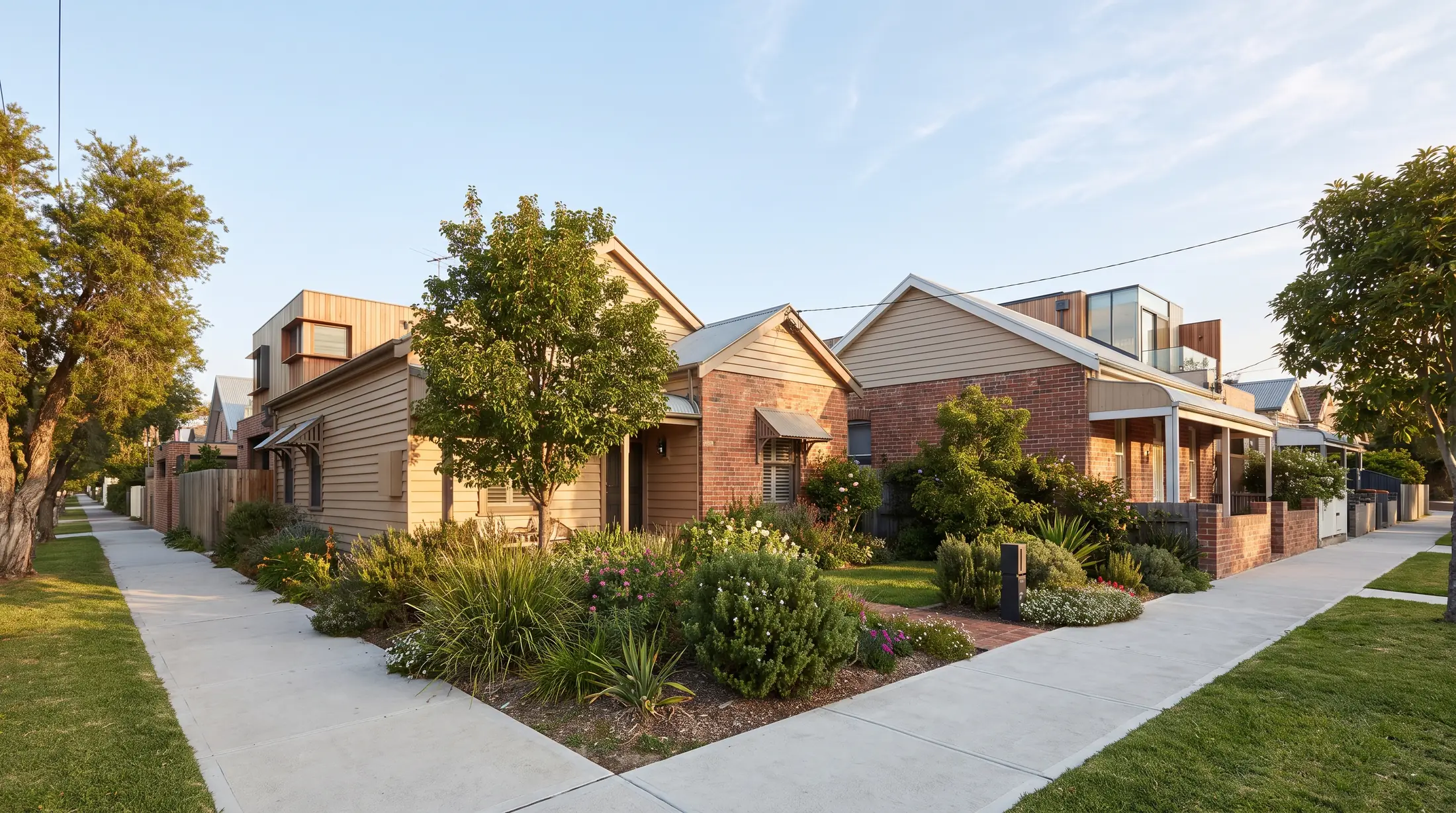 Renovated cottages with small front gardens on a tree lined Lilyfield street, illustrative residential scene
