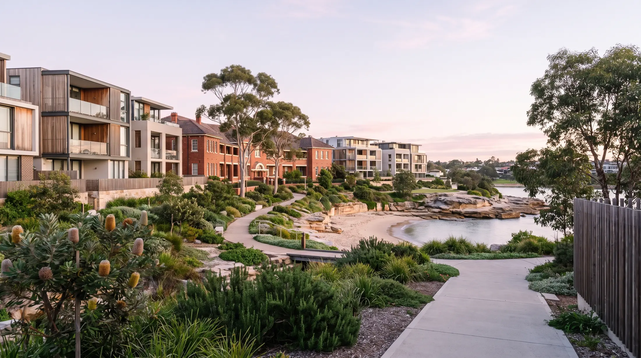 Contemporary homes and heritage brick buildings near Little Bay’s sheltered coast, illustrative residential scene