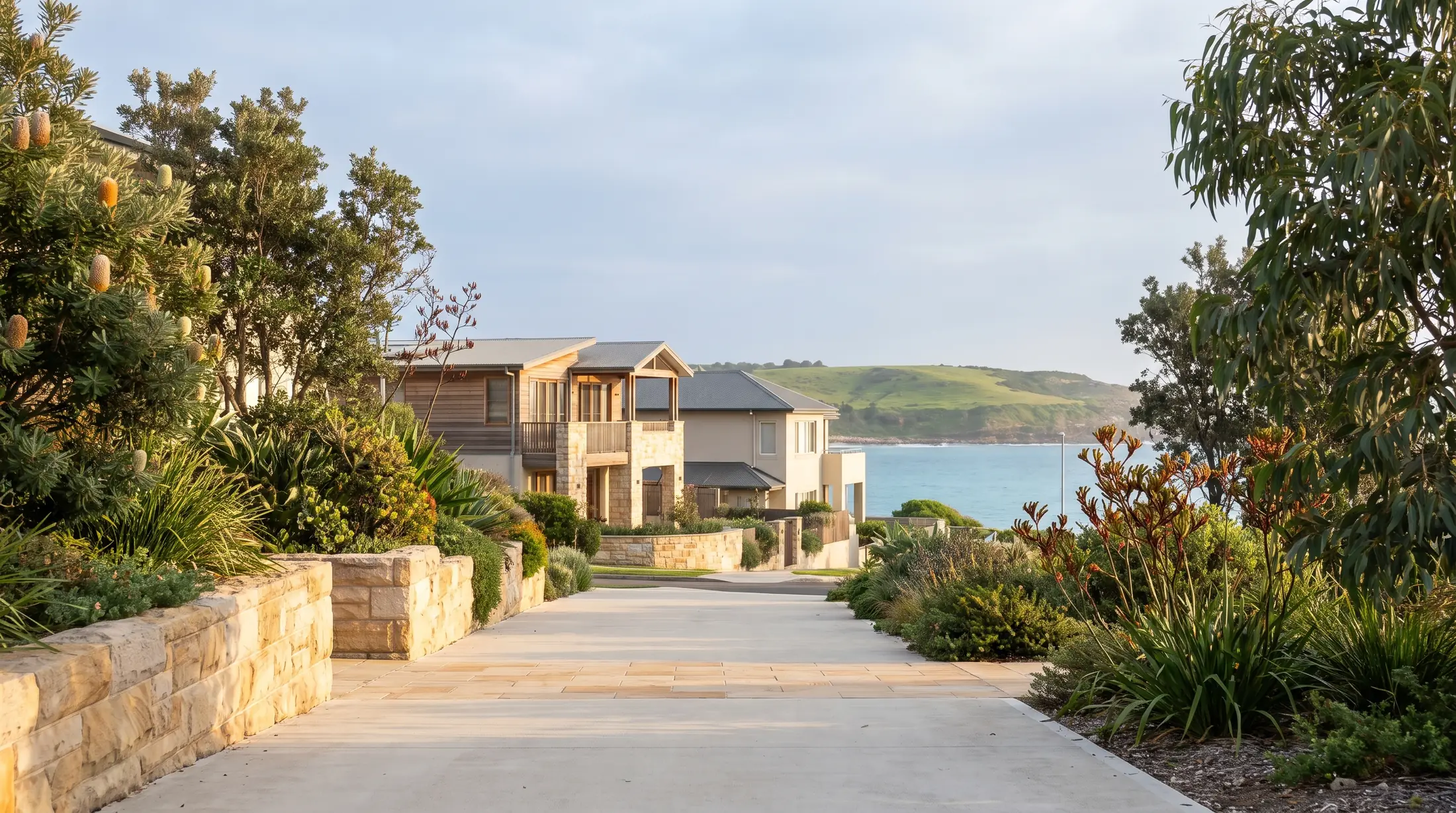 Coastal homes and native gardens overlooking Long Bay at Malabar, illustrative residential scene