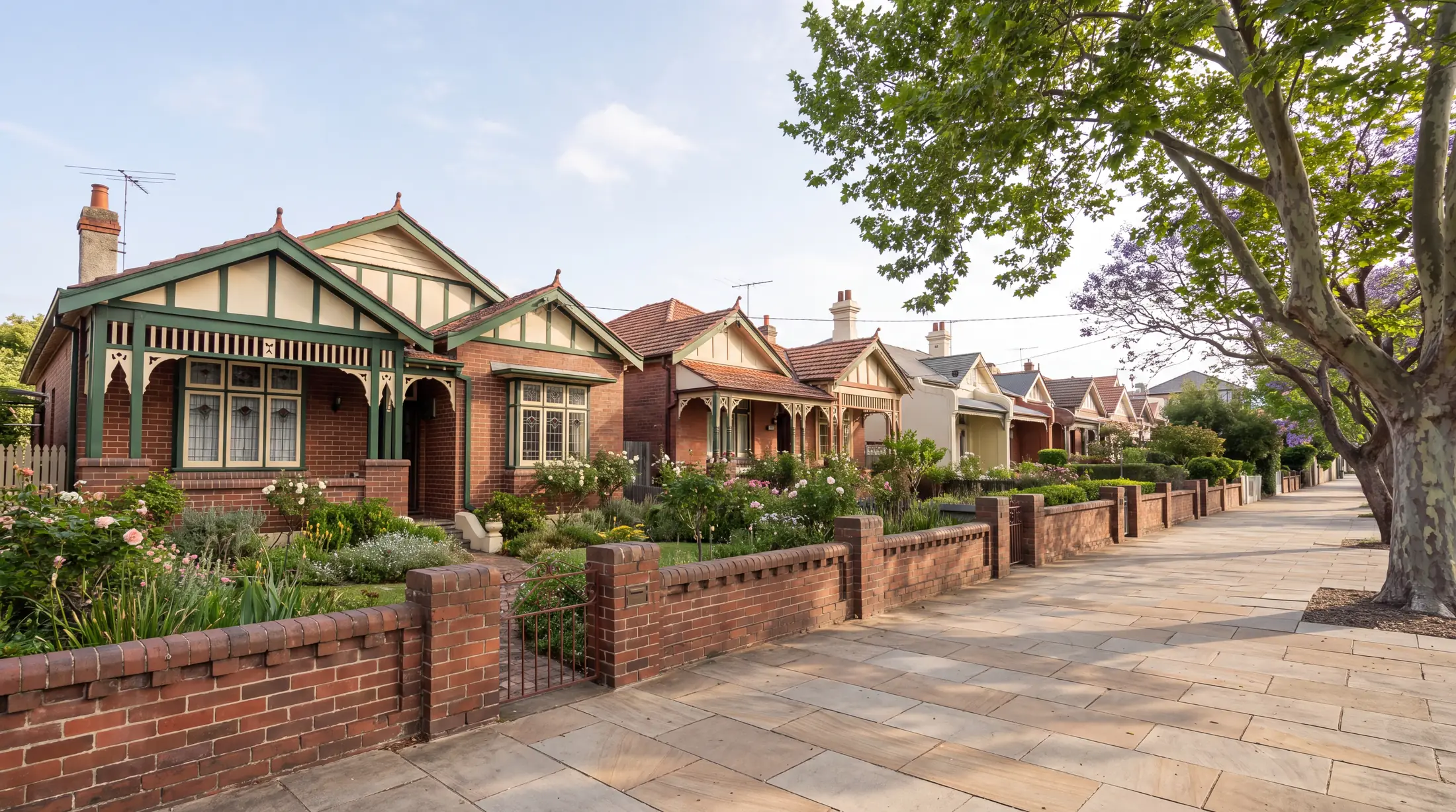 Federation bungalows, terraces and newer units beside a leafy Marrickville street, illustrative residential scene