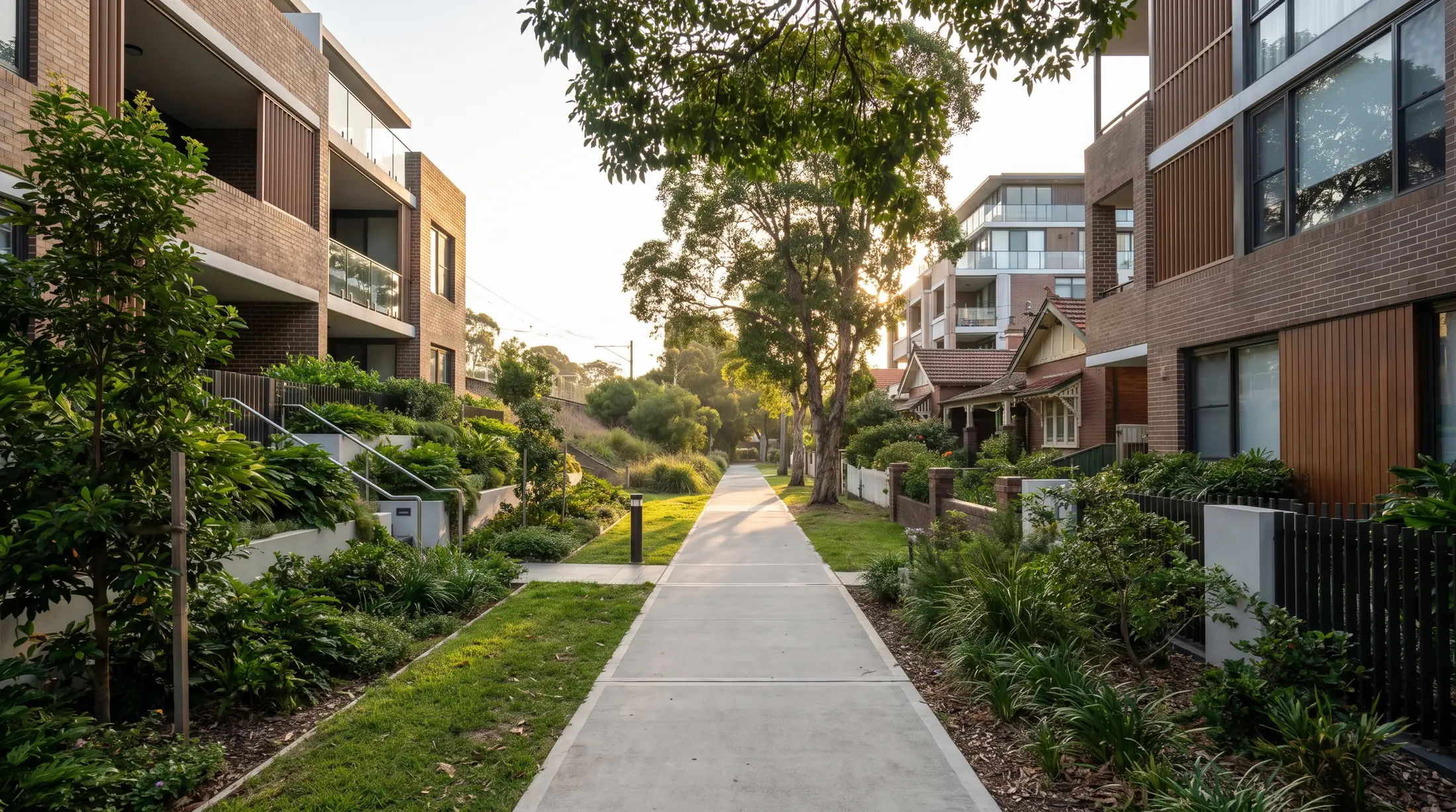 Contemporary apartment buildings and established houses along a Mascot residential street, illustrative residential scene