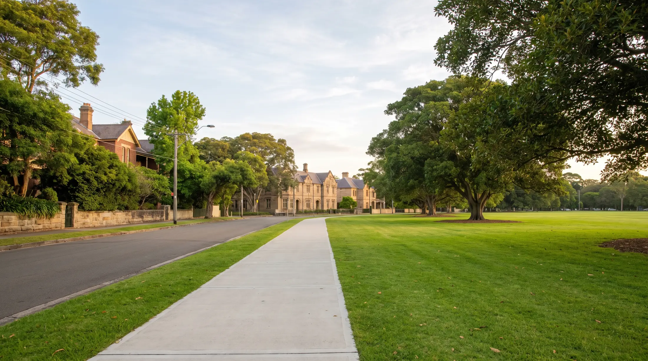 Mature trees and open lawns along the Moore Park precinct edge, illustrative residential scene