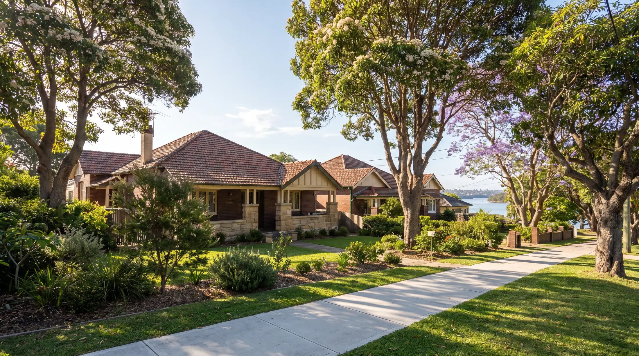 Homes and front gardens on a quiet Mortlake street near the Parramatta River, illustrative residential scene