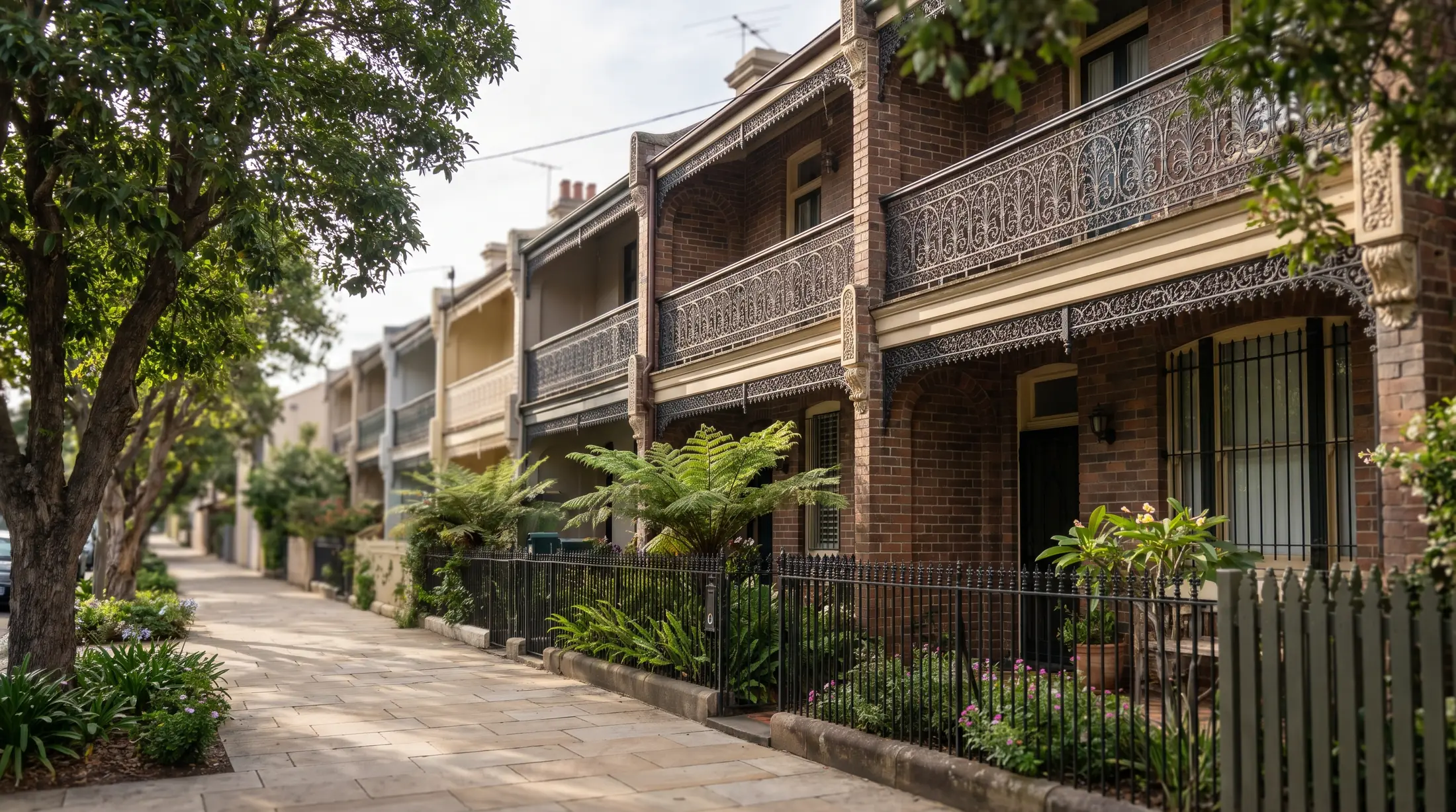 Narrow Victorian terraces with iron lace balconies on a leafy Newtown street, illustrative residential scene