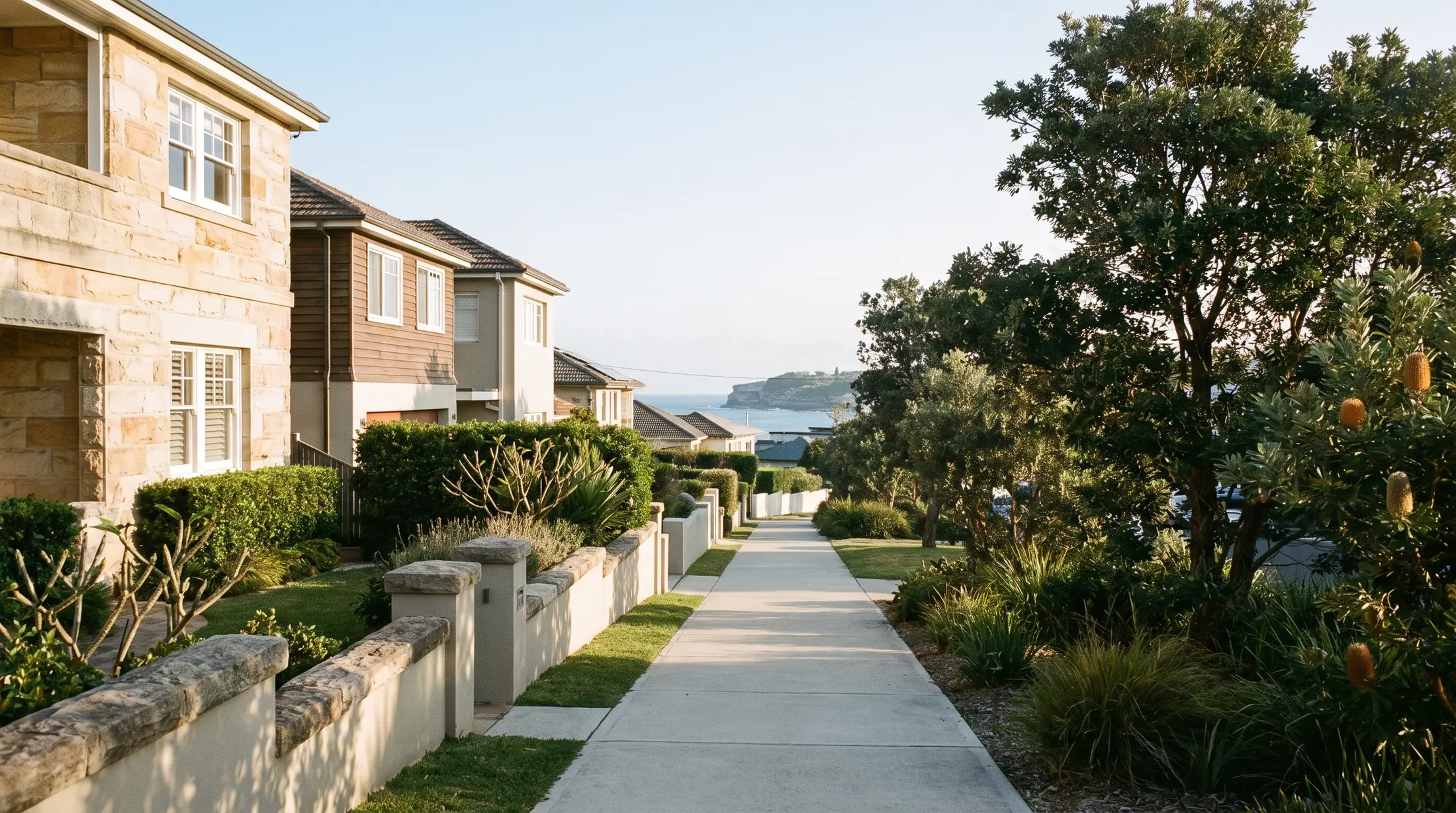 Established homes and coastal planting near North Bondi’s Ben Buckler headland, illustrative residential scene