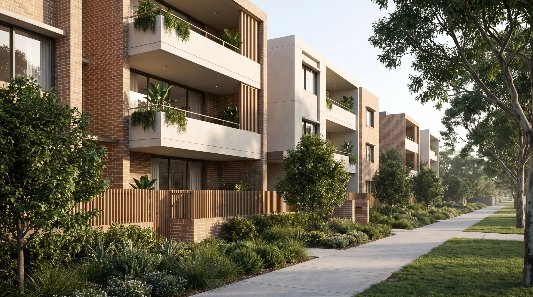 Residential apartments with balconies and planted verges along a North Strathfield street, illustrative residential scene