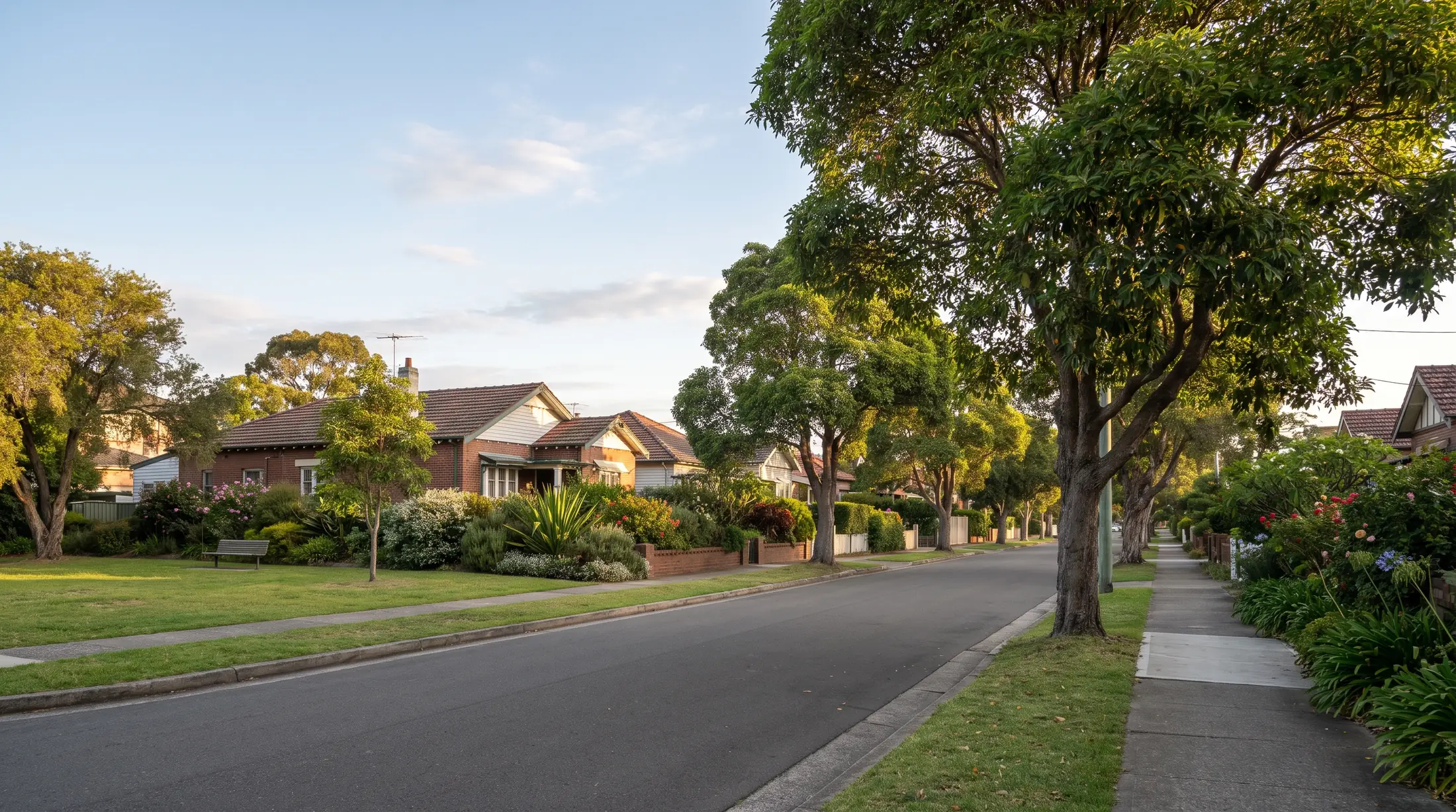 Established homes and green gardens along a leafy Pagewood street, illustrative residential scene