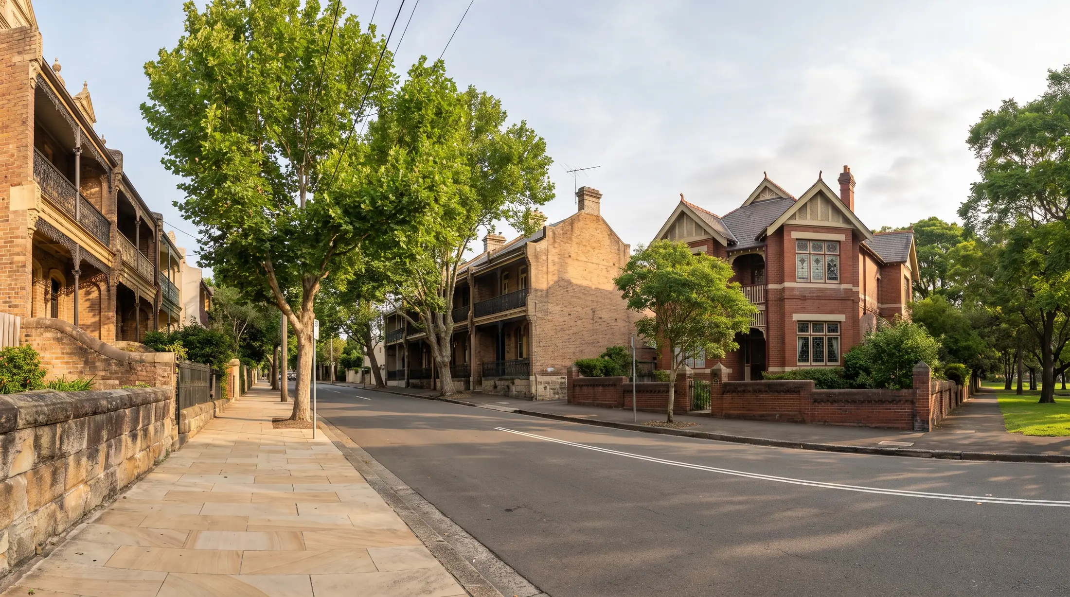 Older terraces and an Edwardian home beside leafy Petersham parkland, illustrative residential scene