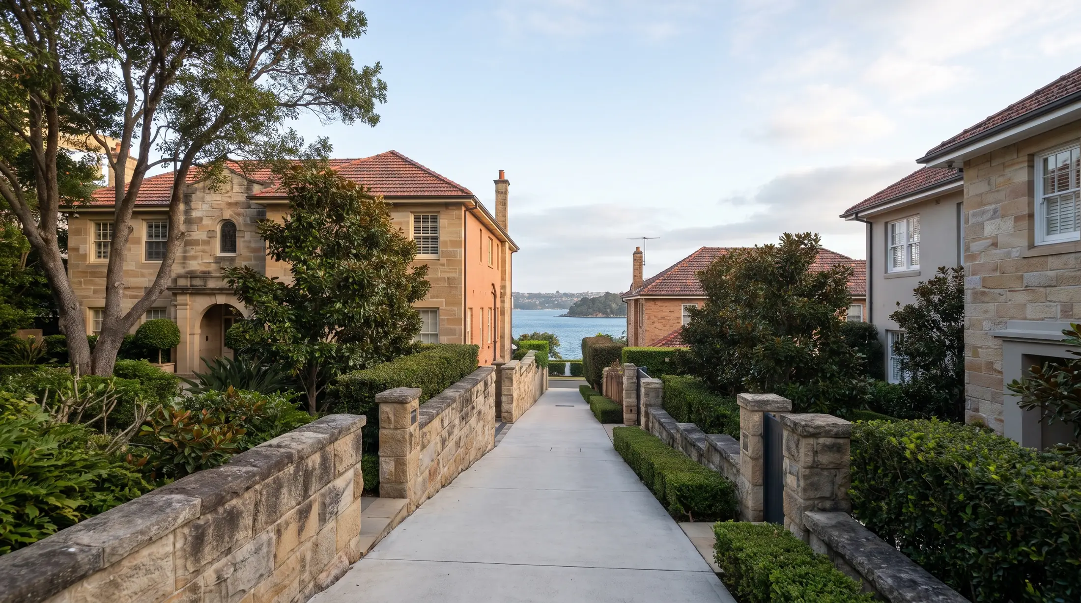 Substantial homes and stone garden walls above Sydney Harbour in Point Piper, illustrative residential scene