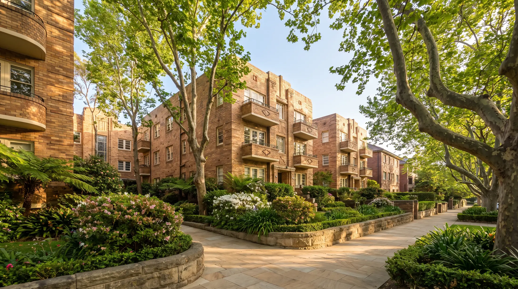 Art Deco apartments and mature trees along a Potts Point residential street, illustrative residential scene