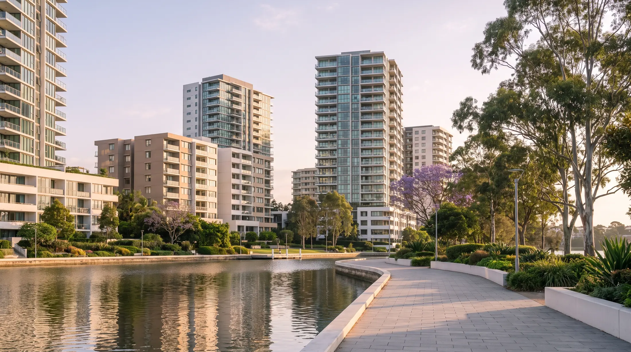 Modern Rhodes apartments beside a landscaped Homebush Bay foreshore path, illustrative residential scene