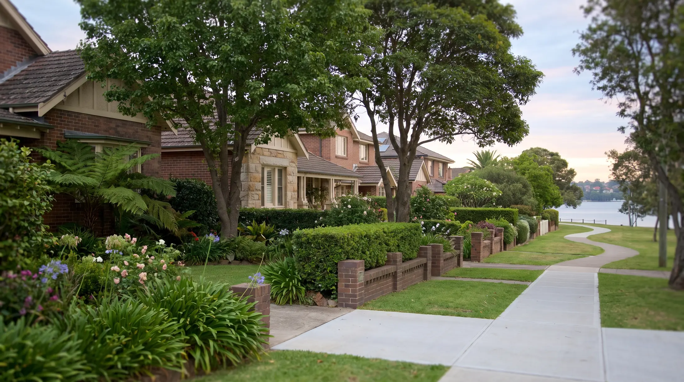 Homes with garden frontages near Rodd Point’s leafy Iron Cove foreshore, illustrative residential scene