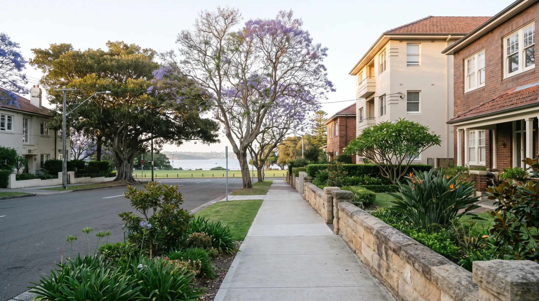 Apartments and established houses near Rose Bay’s calm harbour foreshore, illustrative residential scene