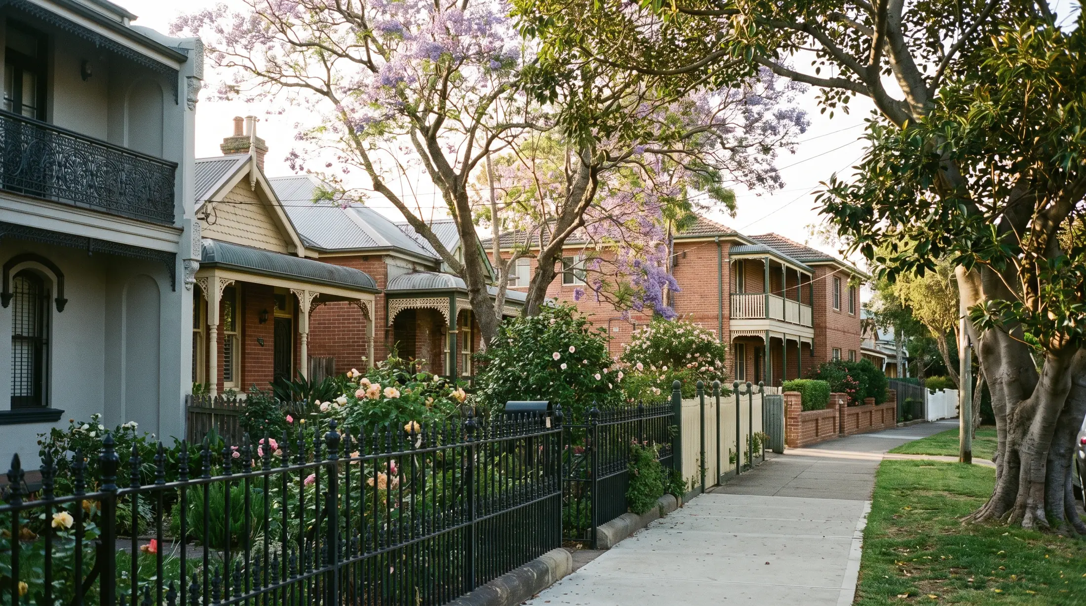 Terraces, semis and small apartment buildings along a leafy Rozelle side street, illustrative residential scene