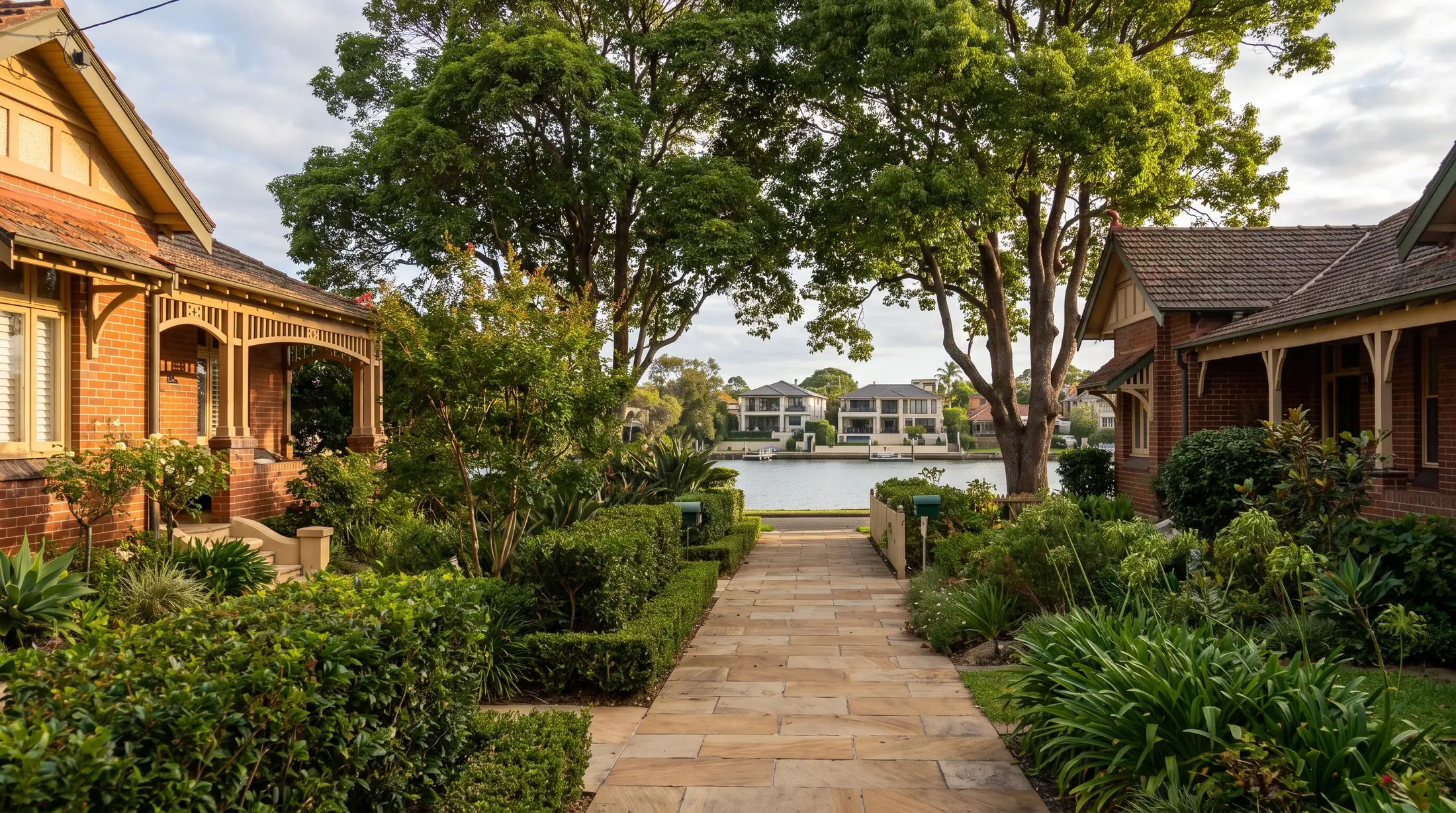 Federation homes and established gardens on a leafy Russell Lea street, illustrative residential scene