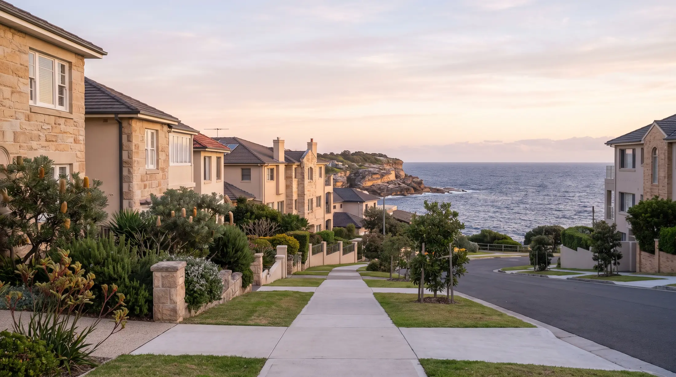 Residential homes and coastal planting near South Coogee’s rocky Lurline Bay, illustrative residential scene