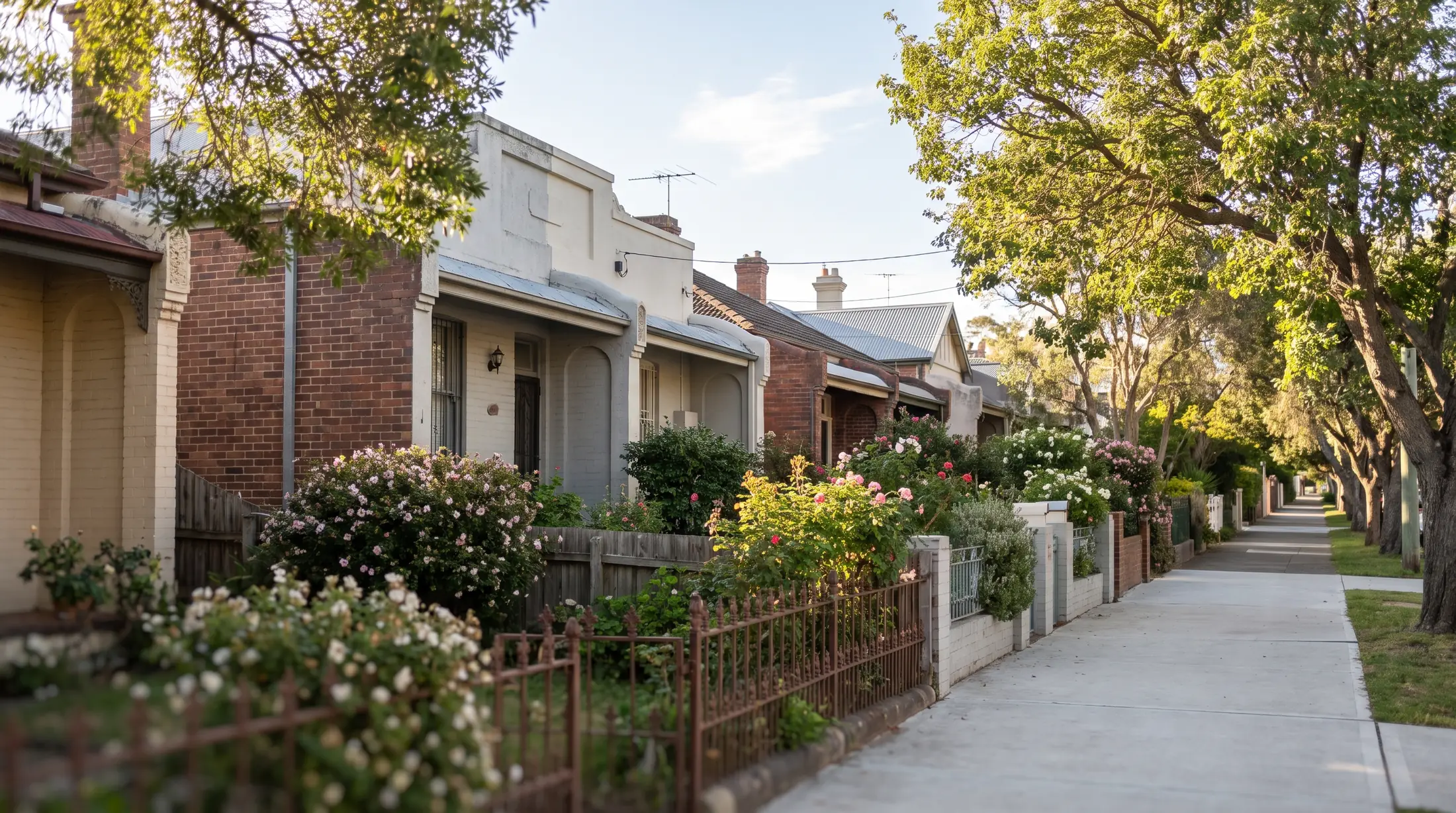 Homes and small front gardens on a quiet St Peters street, illustrative residential scene