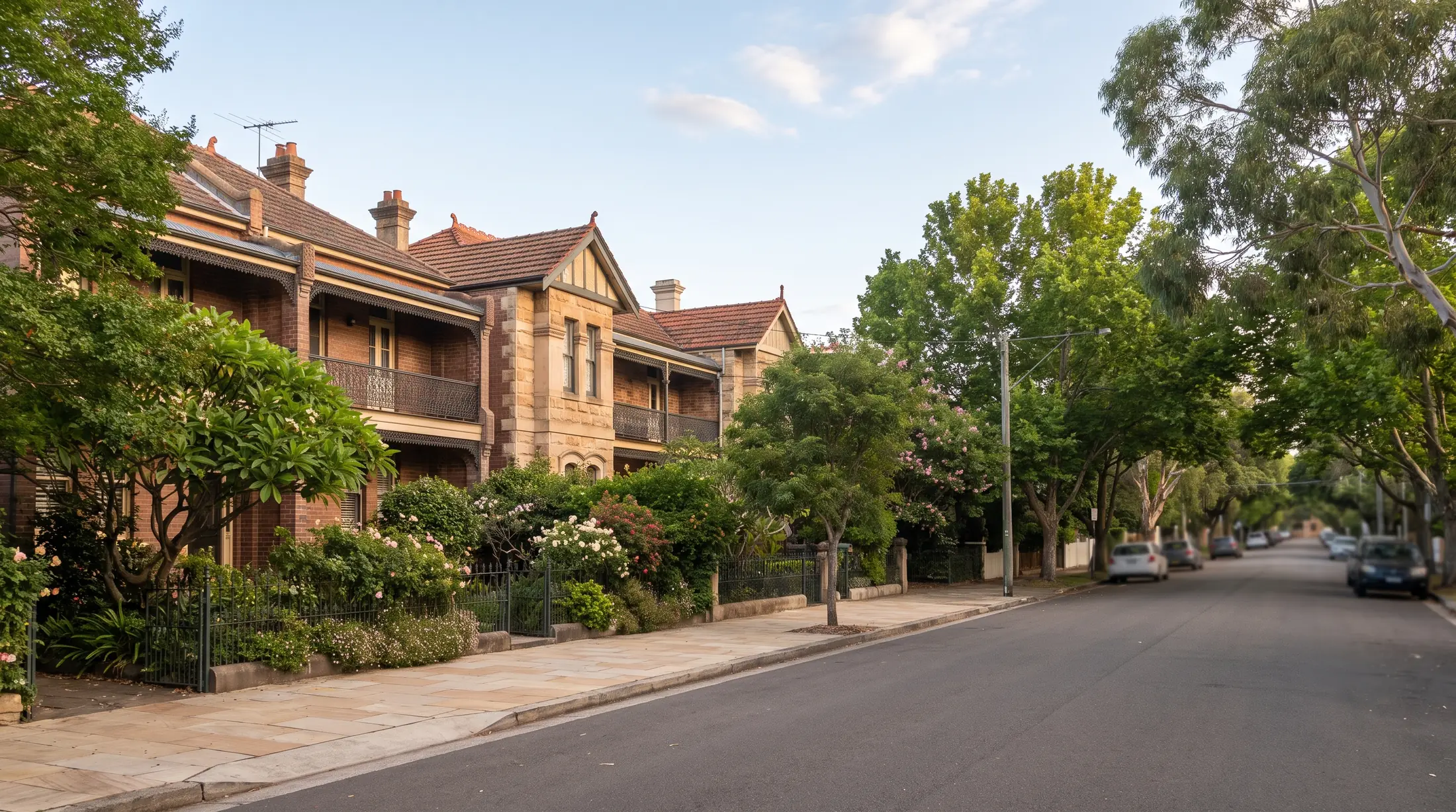 Established houses and leafy garden frontages near a Stanmore park, illustrative residential scene