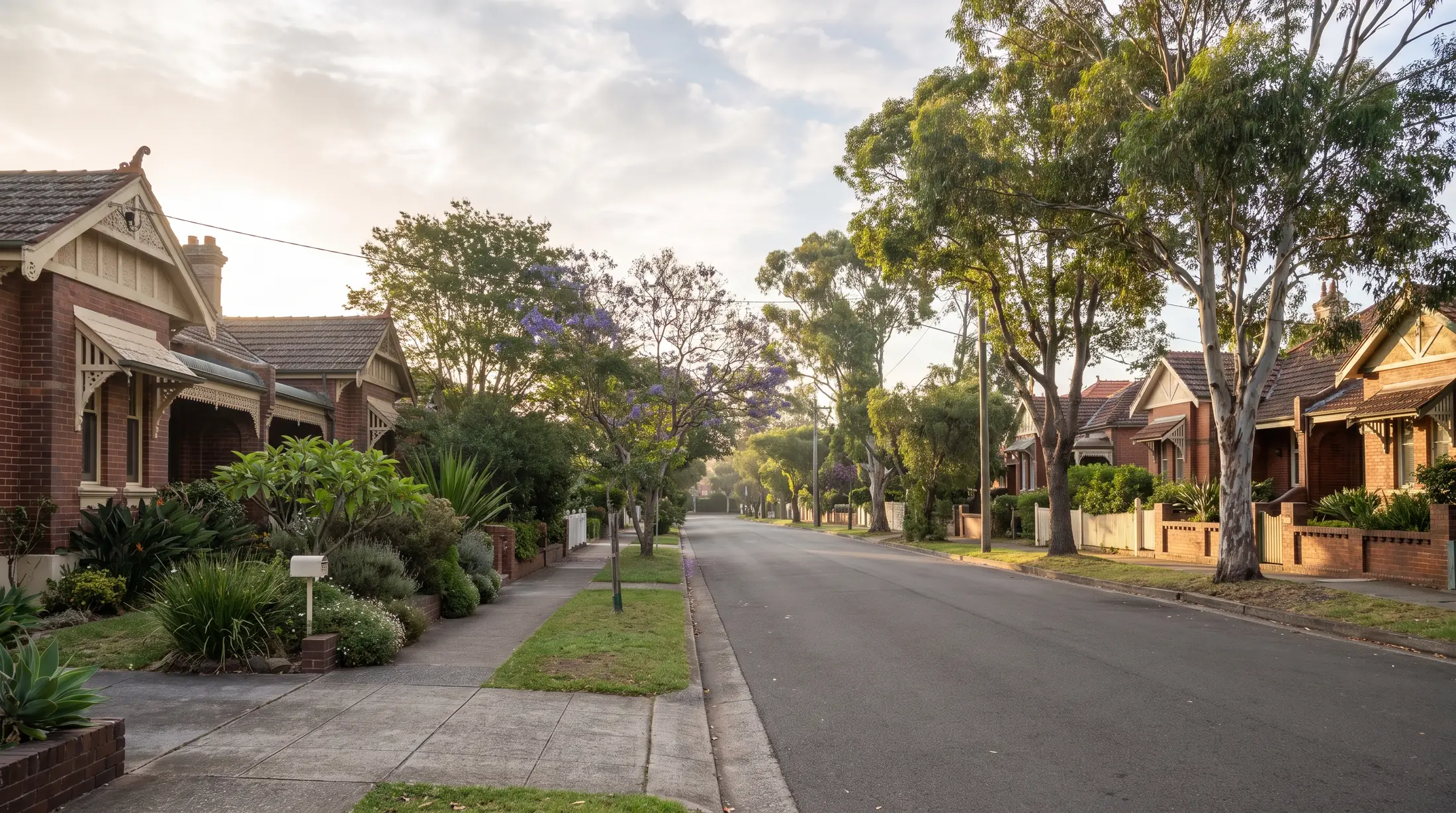 Low rise houses with garden frontages and mature trees in Strathfield South, illustrative residential scene