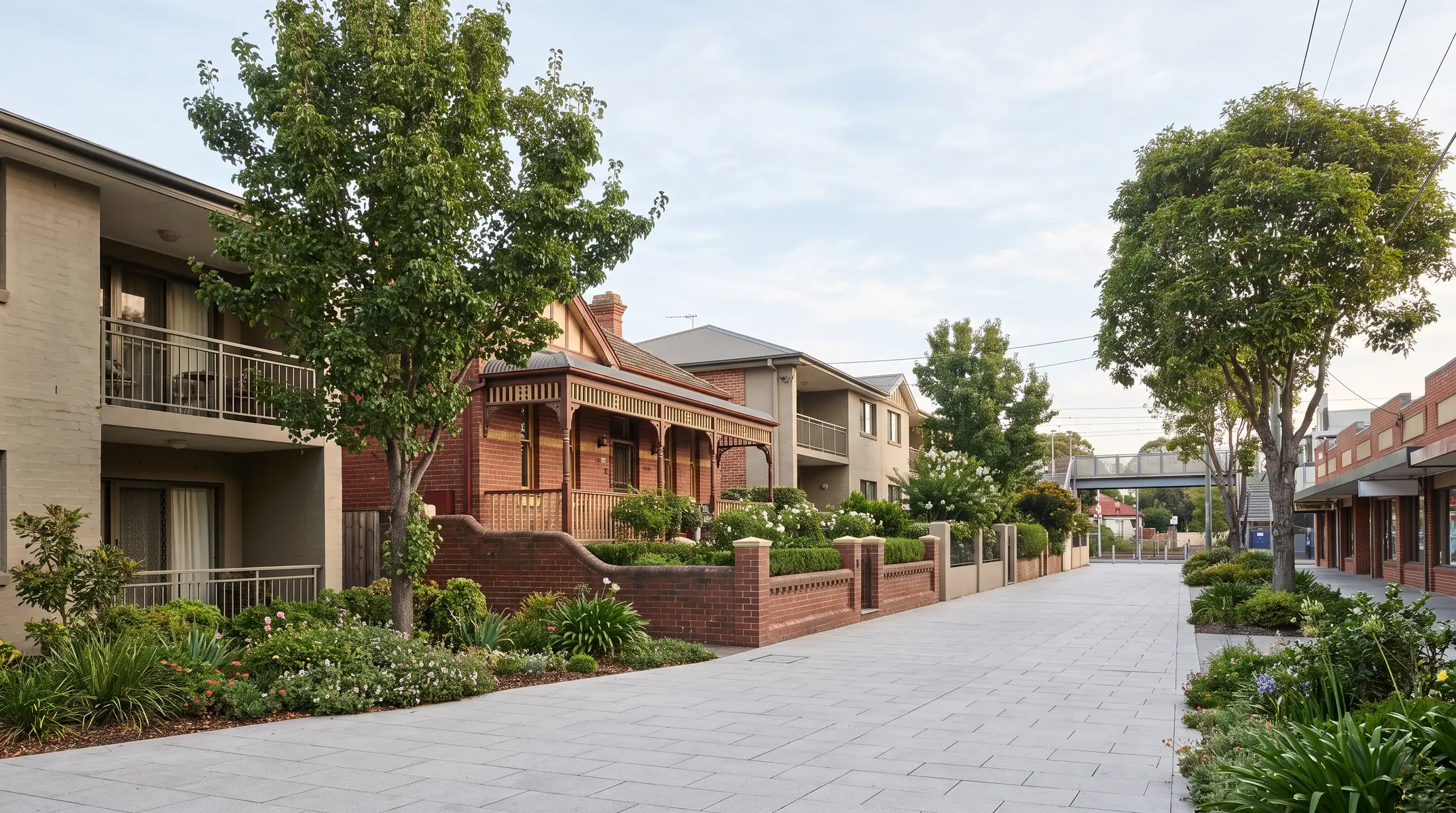 Federation houses and apartment buildings along a leafy Summer Hill street, illustrative residential scene