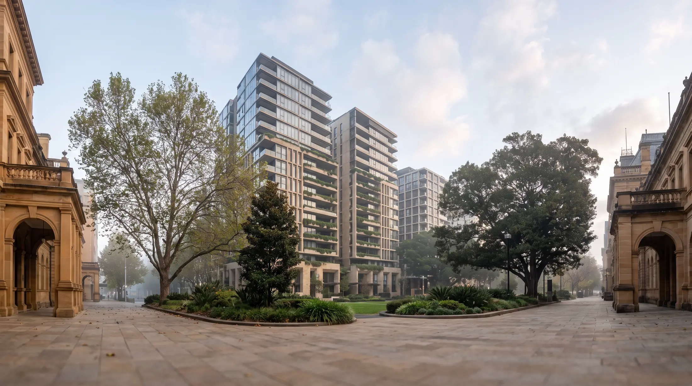 Residential apartment towers beside leafy parkland in Sydney CBD, illustrative residential scene