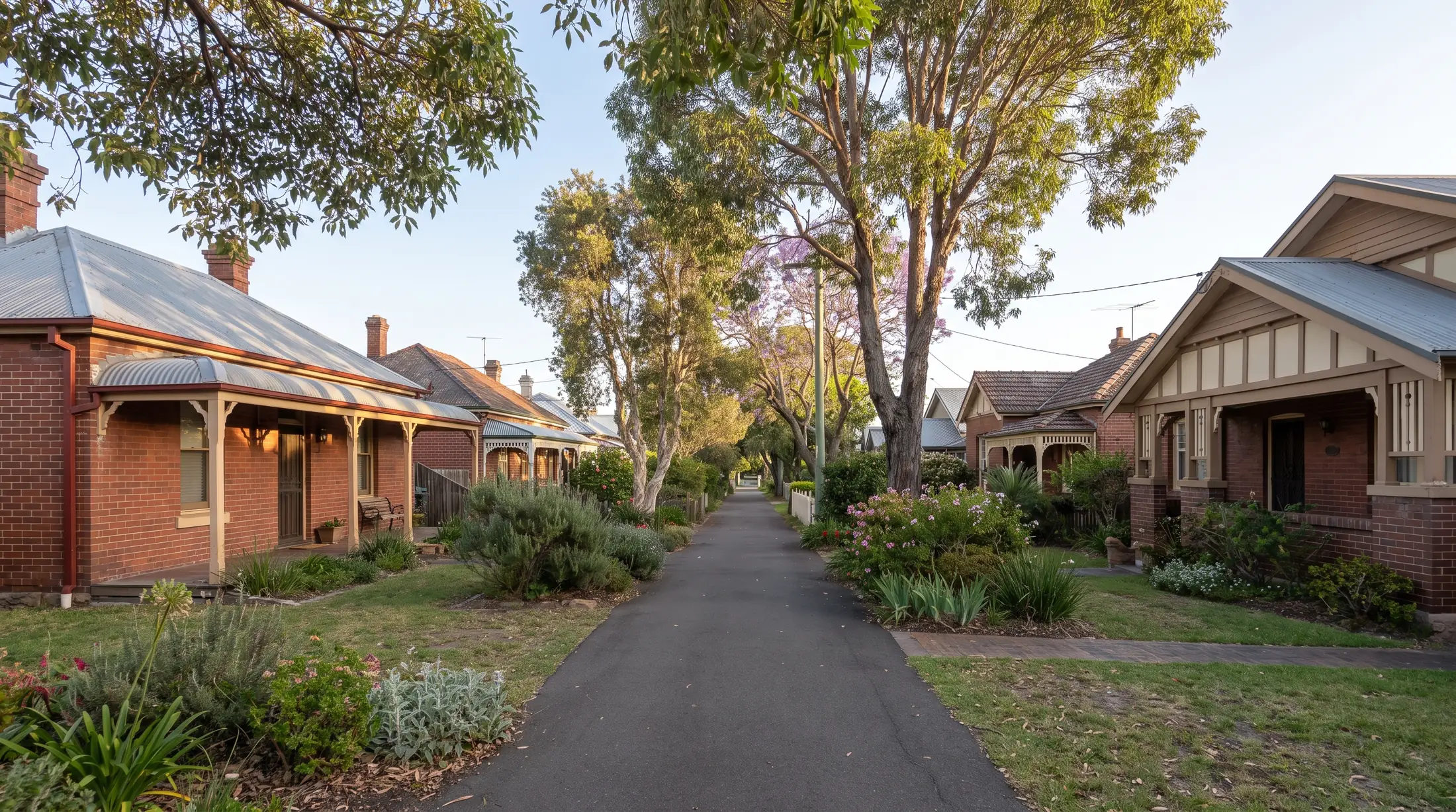 Established cottages and bungalow homes with front gardens in Tempe, illustrative residential scene