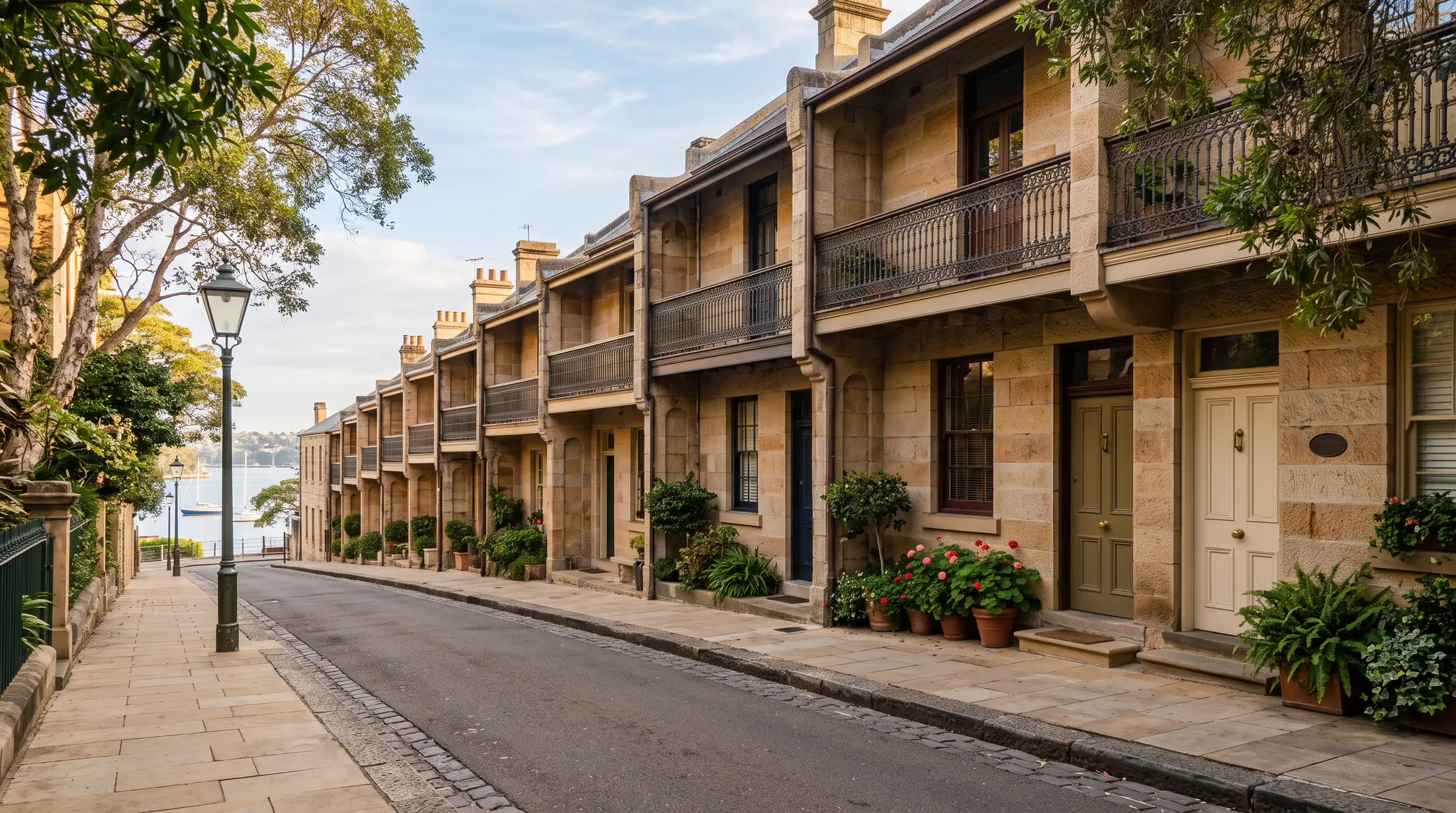 Sandstone terraces beside a sloping street in The Rocks, illustrative residential scene