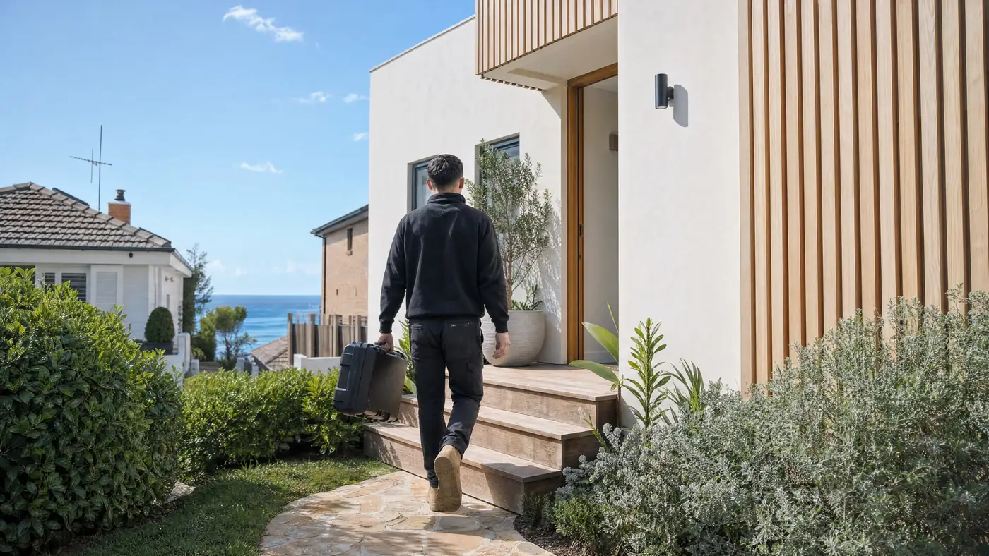 A Filters For You plumber arriving at a Sydney home, illustrative