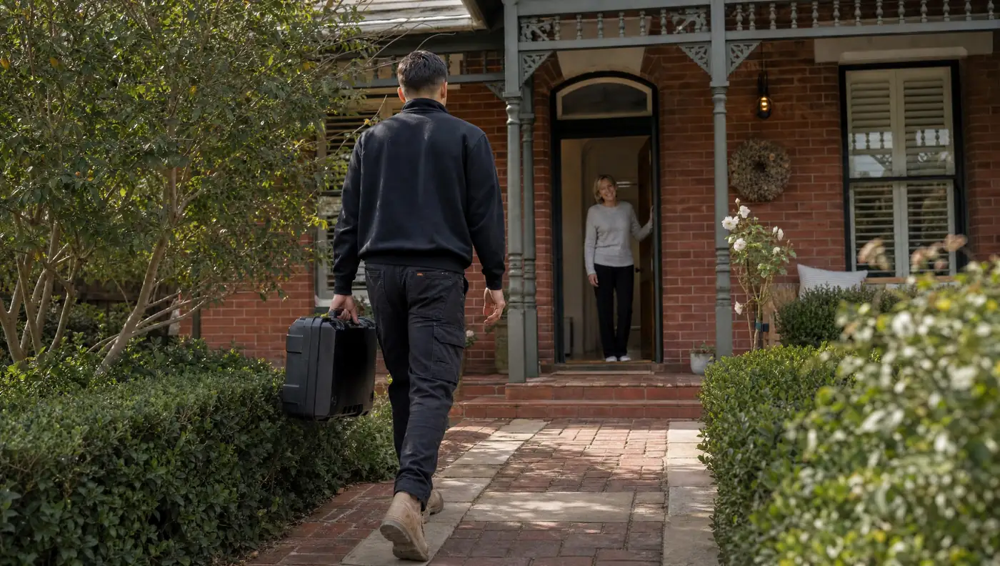 A Filters For You plumber arriving at a Sydney home, illustrative