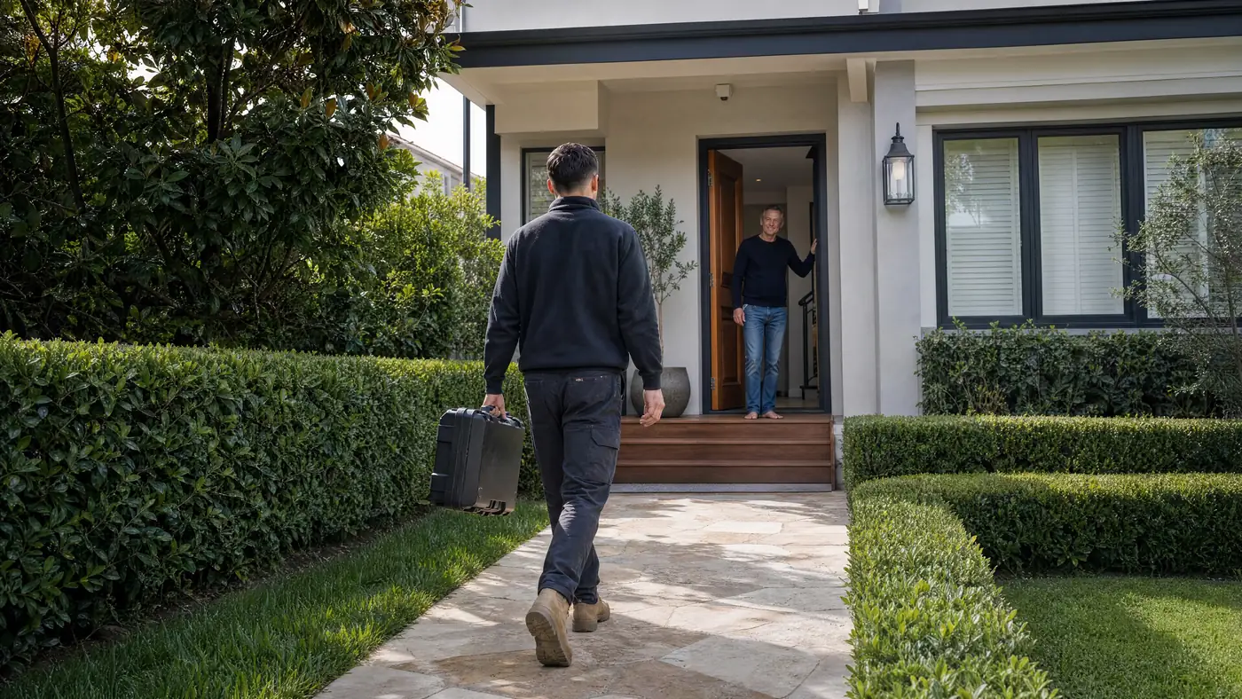 A Filters For You plumber arriving at a Sydney home, illustrative