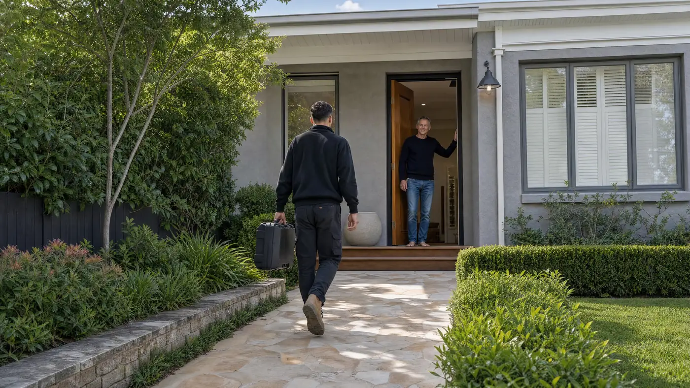A Filters For You plumber arriving at a Sydney home, illustrative