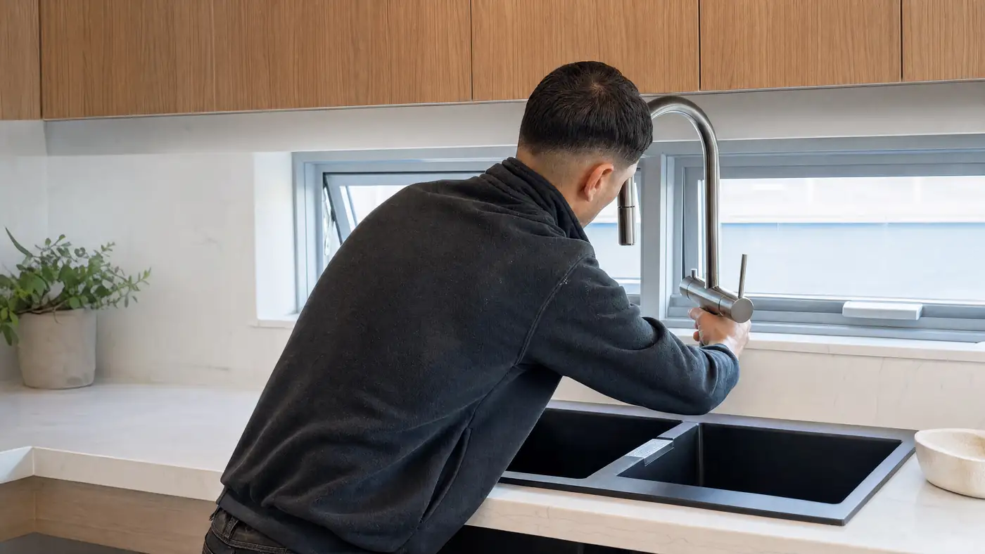 A Filters For You plumber at work in a Sydney kitchen, illustrative