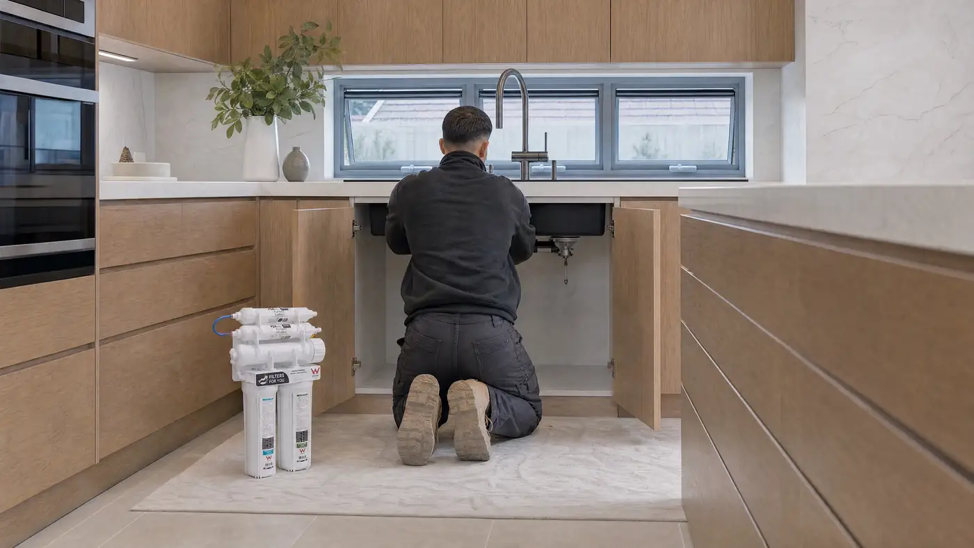 A Filters For You plumber at work in a Sydney kitchen, illustrative