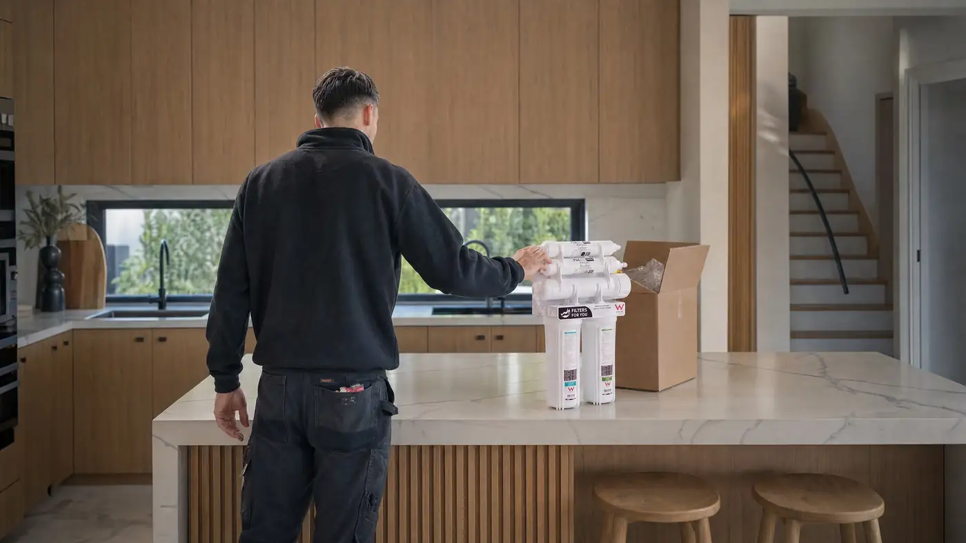 A Filters For You plumber at work in a Sydney kitchen, illustrative
