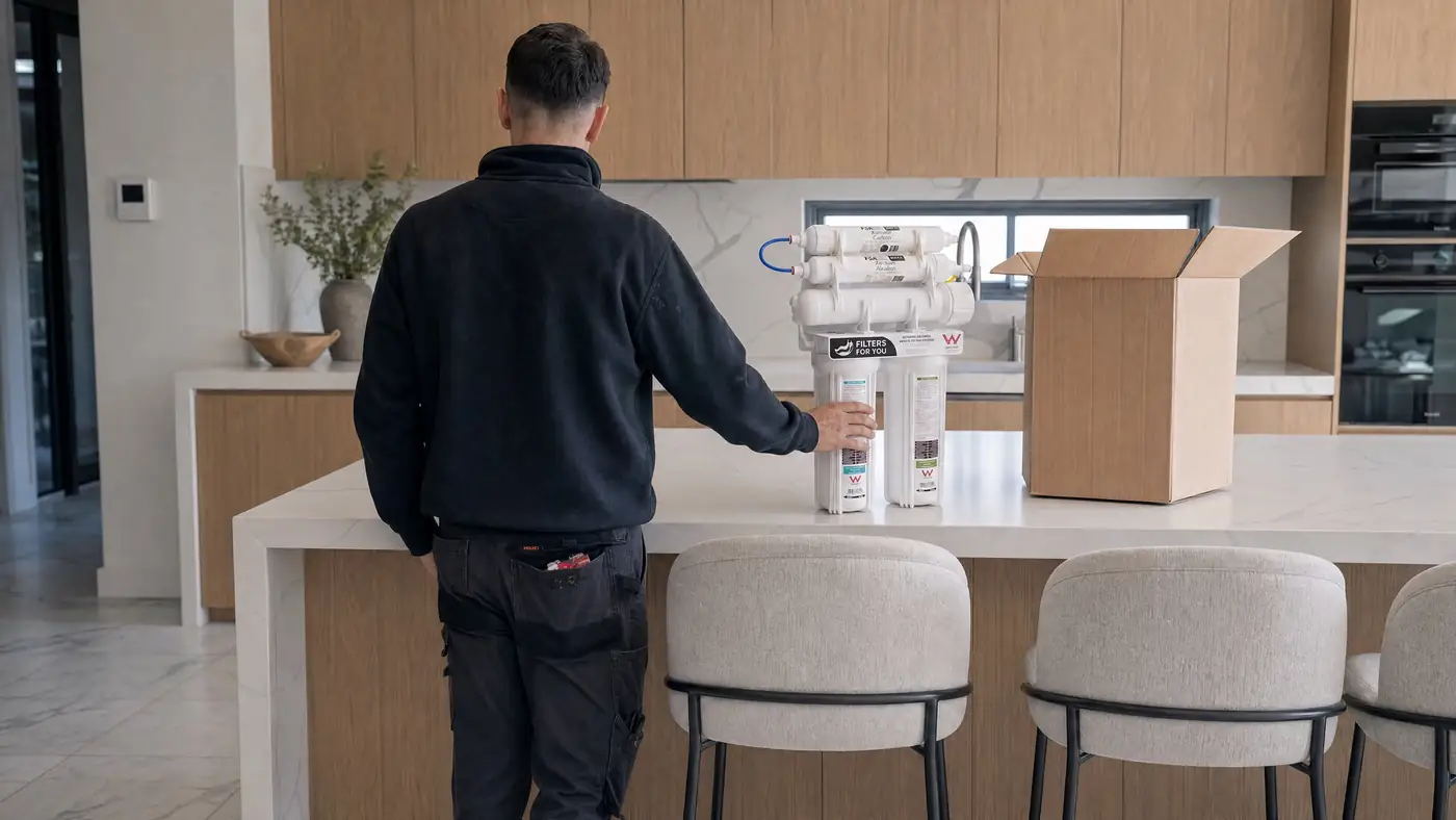 A Filters For You plumber at work in a Sydney kitchen, illustrative