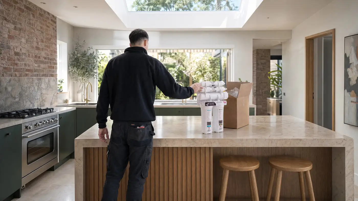 A Filters For You plumber at work in a Sydney kitchen, illustrative