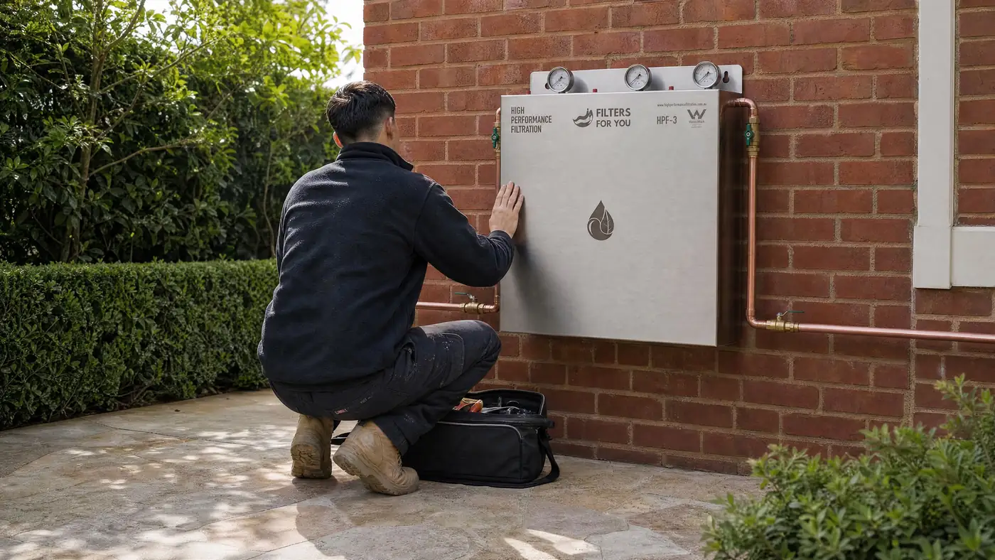 A Filters For You plumber checking a whole house water filter at a Sydney home, illustrative