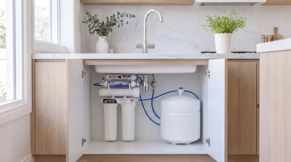 A reverse osmosis system installed under a kitchen sink