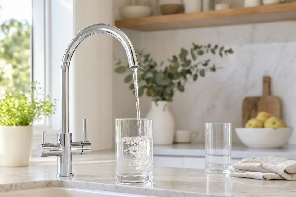 A filtered water mixer pouring a glass at a kitchen sink