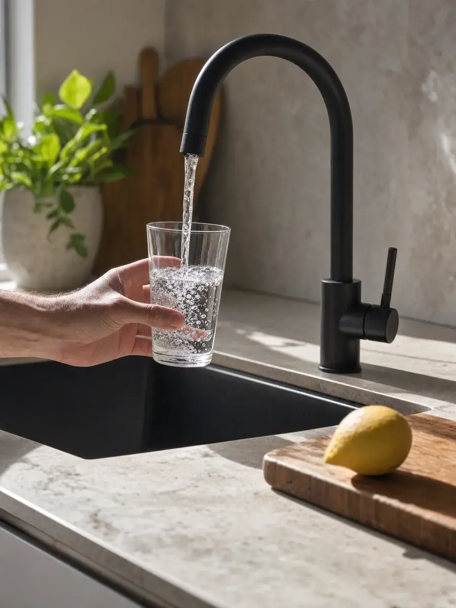 Filtered water poured into a glass at a kitchen tap