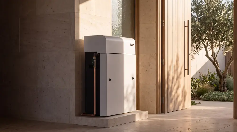 A Pure Home Reserve whole house system in its cabinet beside the entry of a Sydney home
