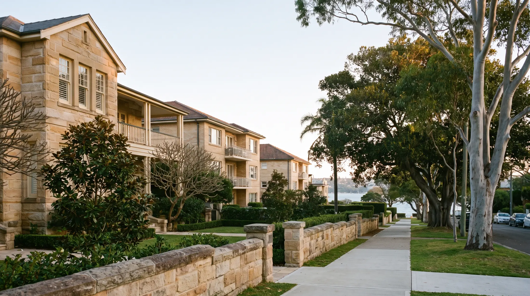 Detached homes and apartment buildings on a garden street in Vaucluse with harbour glimpses, illustrative residential scene