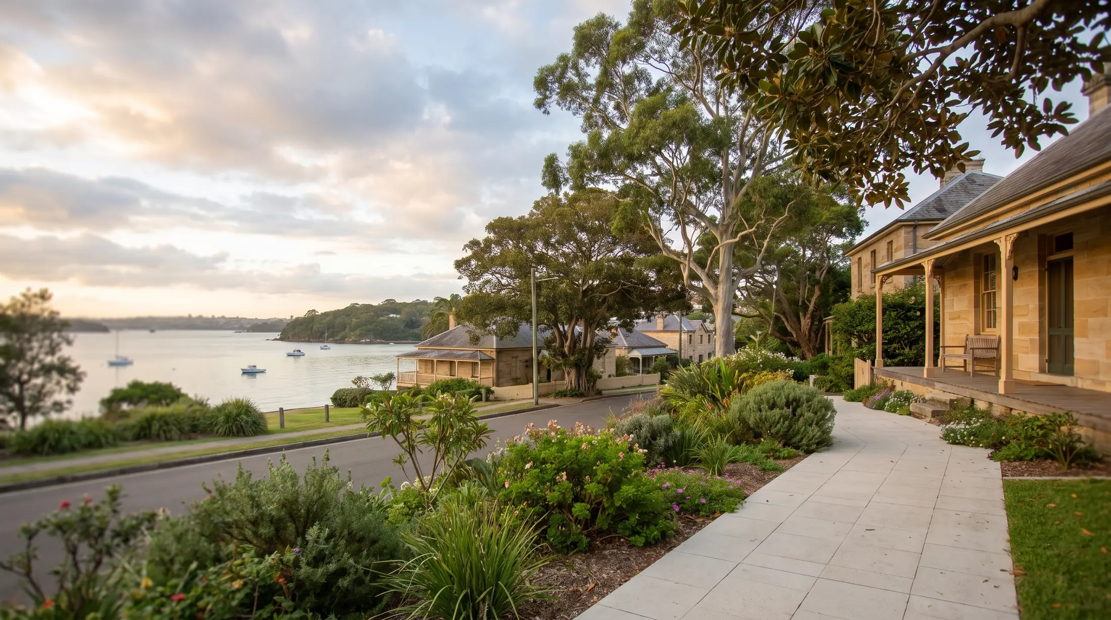 Established homes and gardens near Watsons Bay’s sheltered harbour shore, illustrative residential scene