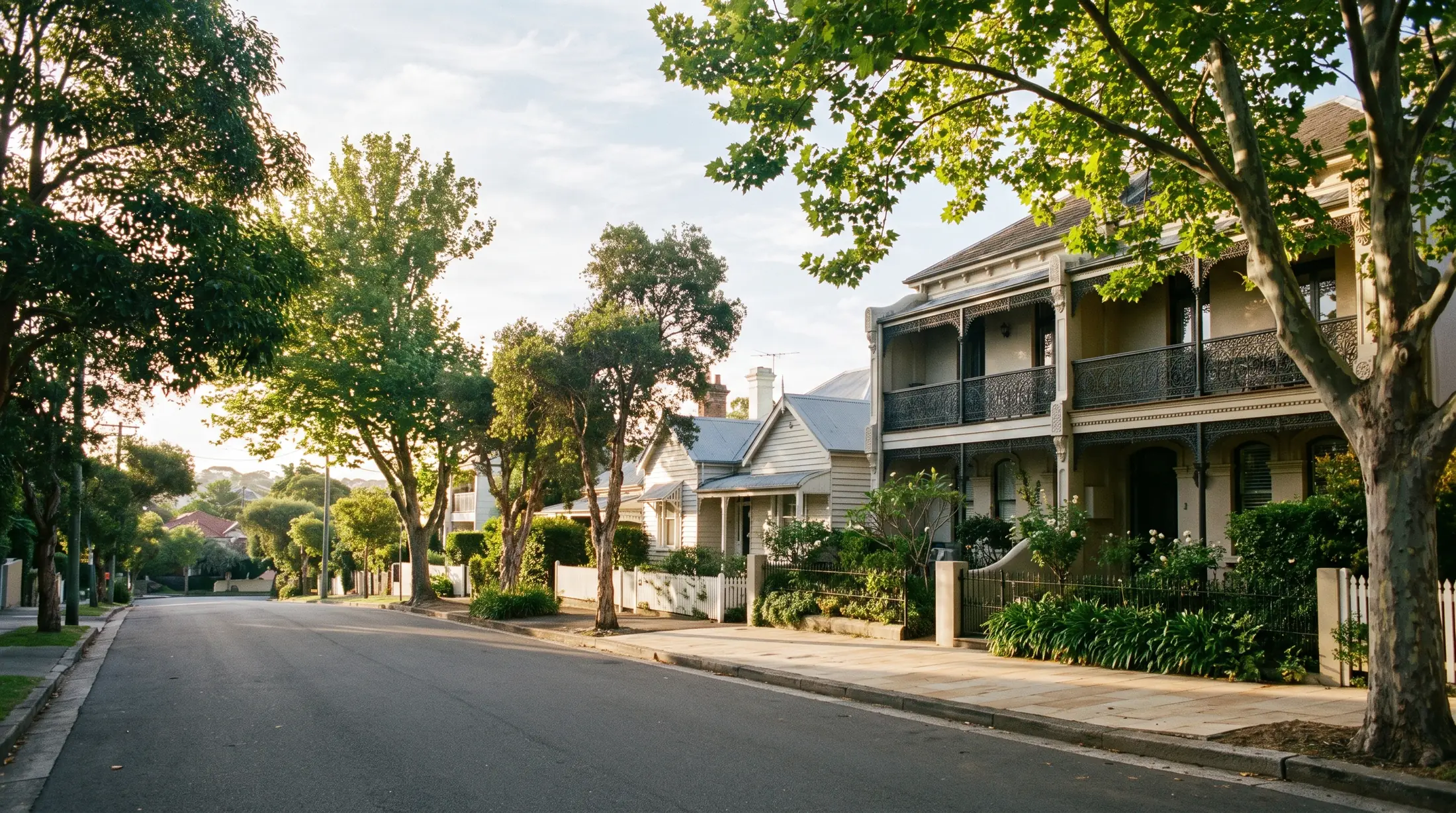 Weatherboard cottages and established homes on a leafy Waverley residential street, illustrative residential scene