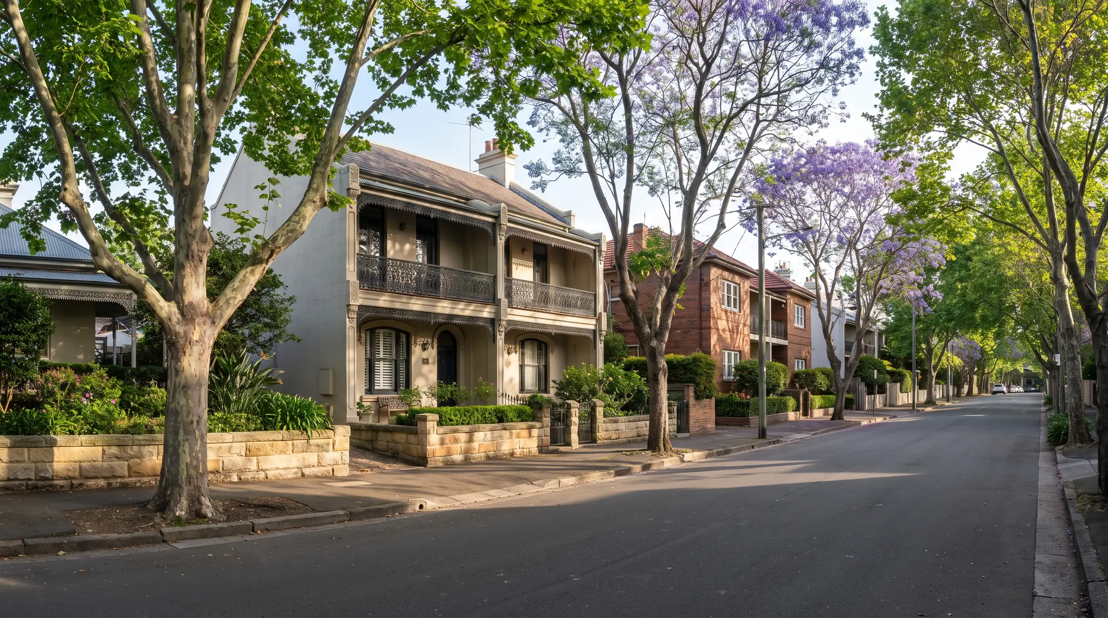 Two storey Victorian homes and smaller apartment buildings on a tree lined Woollahra street, illustrative residential scene
