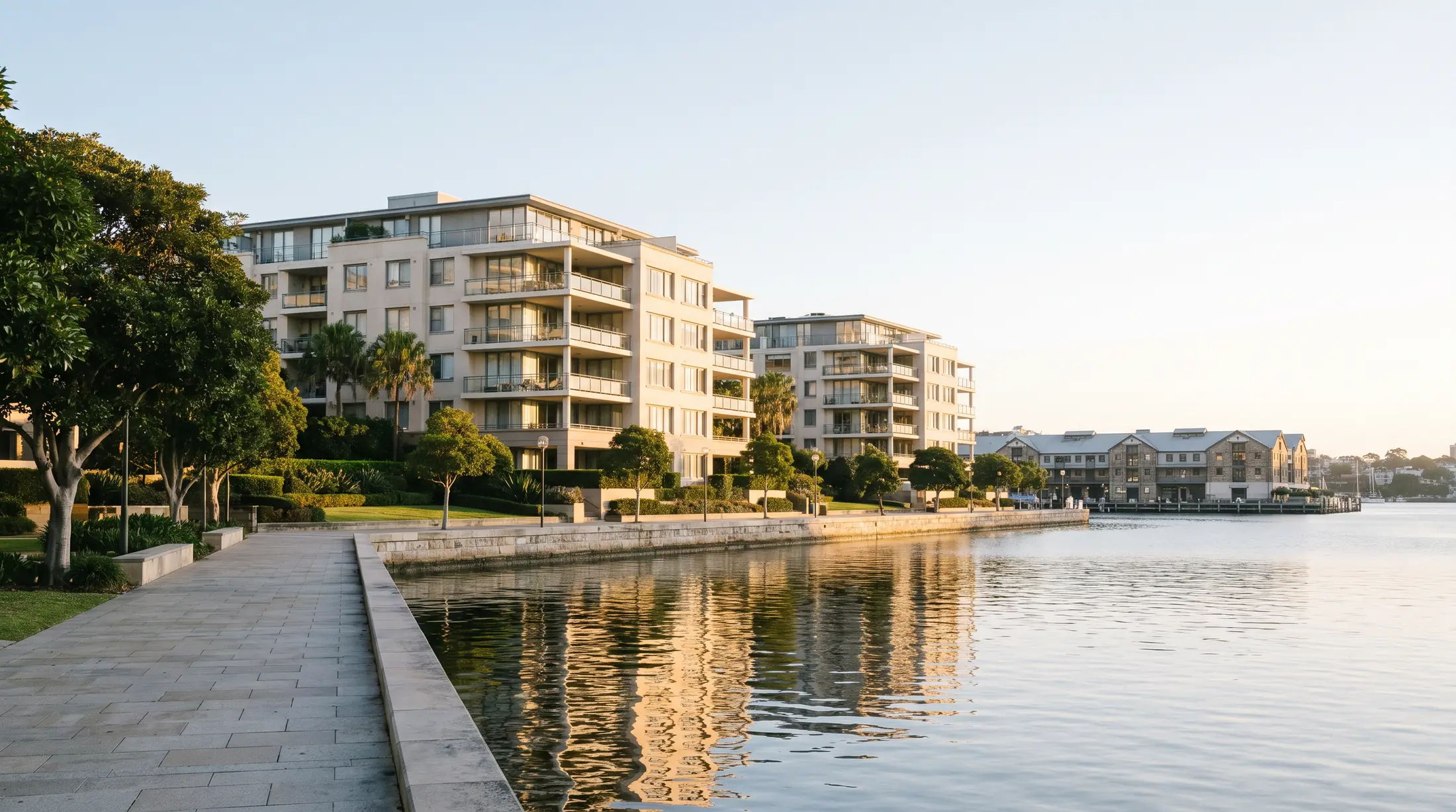 Apartments and a waterfront path beside Woolloomooloo Bay, illustrative residential scene